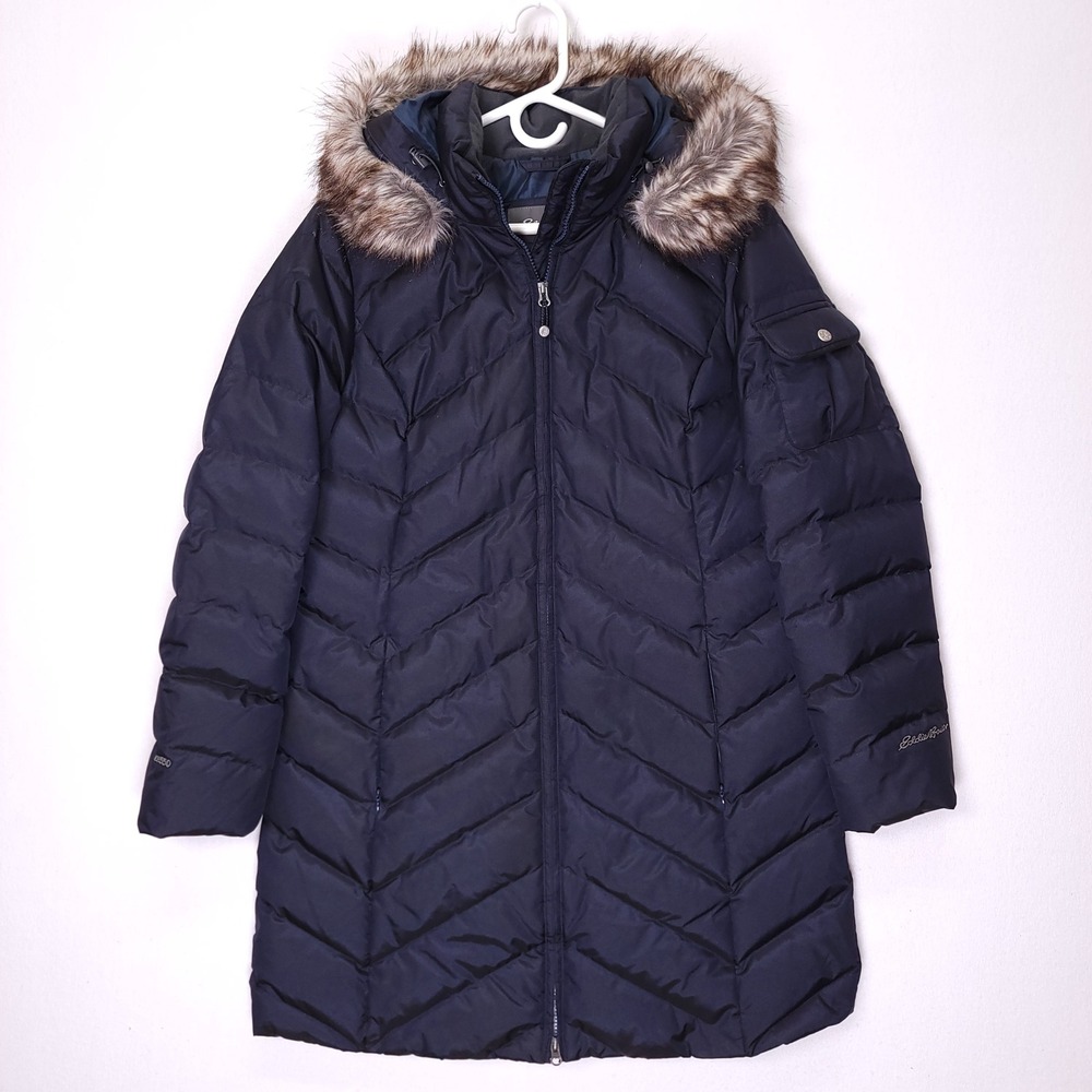 Eddie Bauer Crystal Ridge Down Parka Navy Blue Faux Fur Hood‎ 550 Fill Womens L